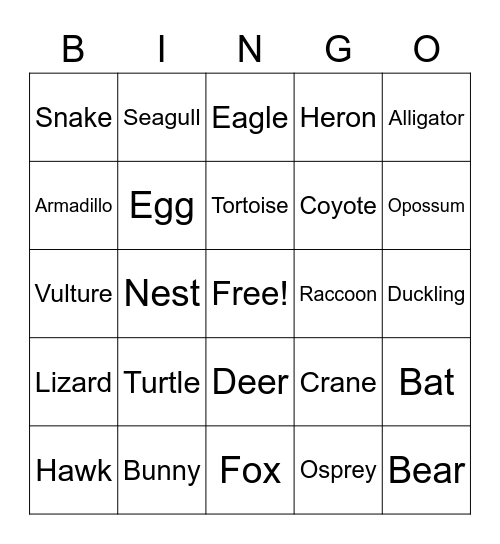 Wildlife Bingo Card