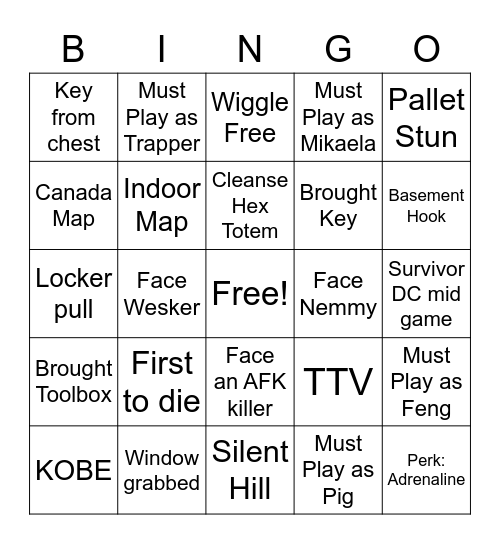 DBD Bingo Card