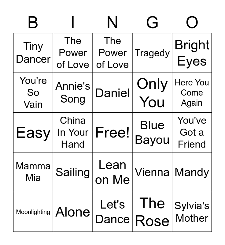 70's Music Bingo Card