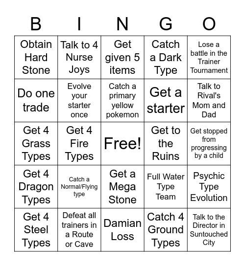 Pokemon Insurgence (Pre First Gym ) Bingo Card Bingo Card