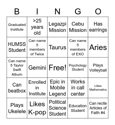 Bonifacio 3rd Ward YSA Bingo Card