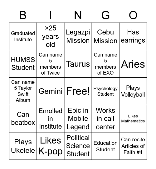 Bonifacio 3rd Ward YSA Bingo Card