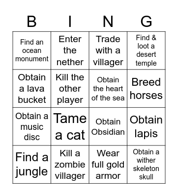 MineCraft lockout Bingo Card