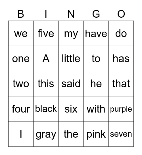 Heart Words Bingo Card