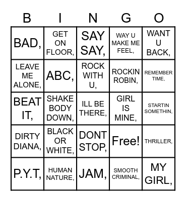 MJ Bingo Card