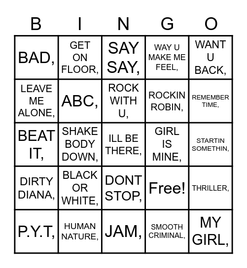 MJ Bingo Card