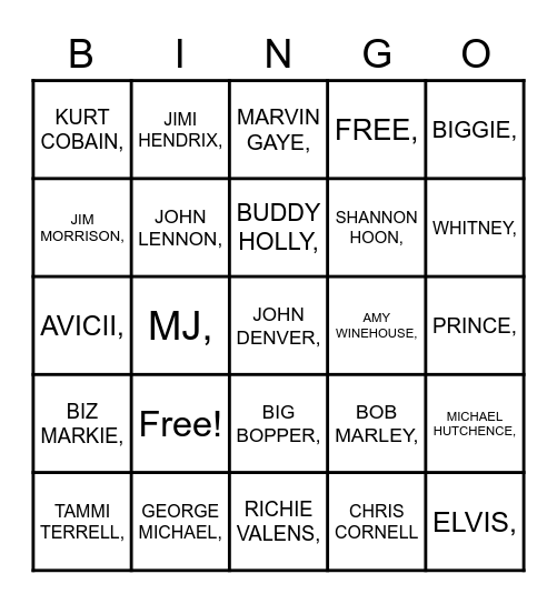 DECEASED ARTIST Bingo Card