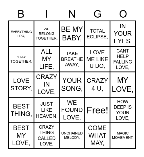 LOVE SONGS Bingo Card