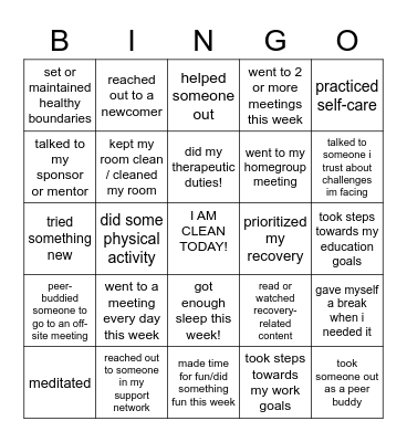 Recovery Bingo! Bingo Card