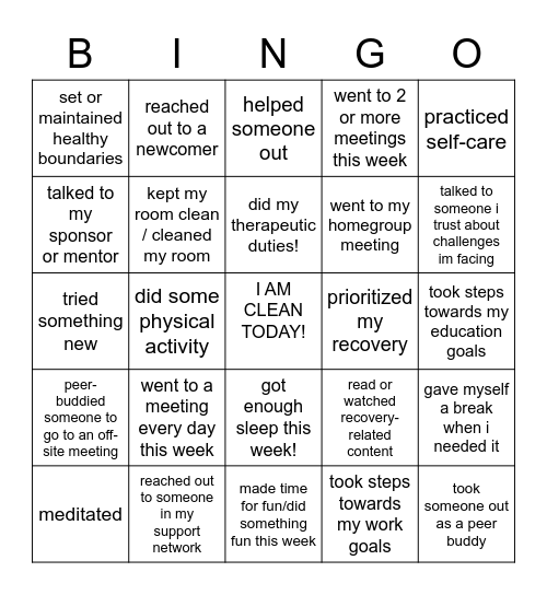 Recovery Bingo! Bingo Card