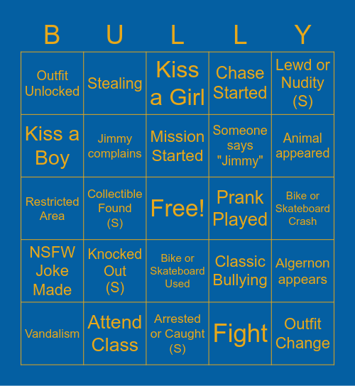 Drinking Bingo for Bully (S for Shot) Bingo Card