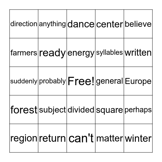 Fry Words 500-600 Bingo Card