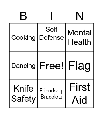 Pre Camp Bingo Card