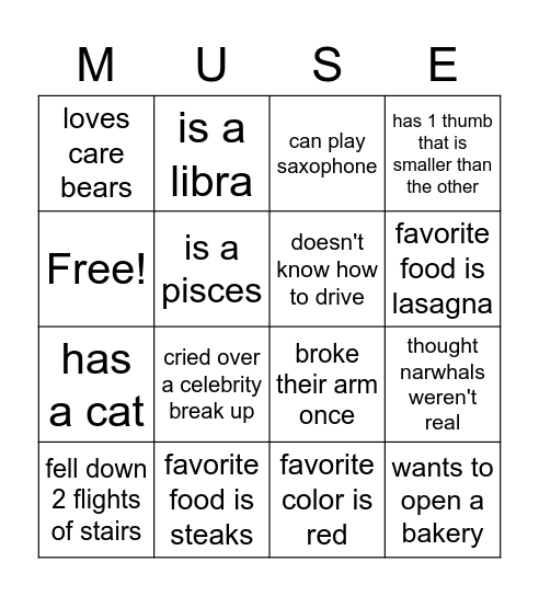 aMUSEing Bingo Card
