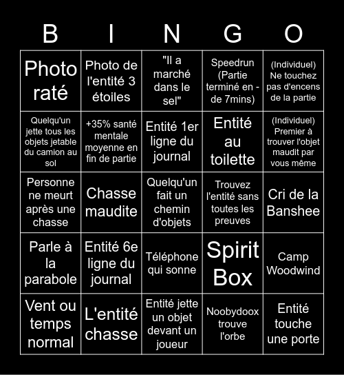 Phasmophobia Bingo NMSH Bingo Card