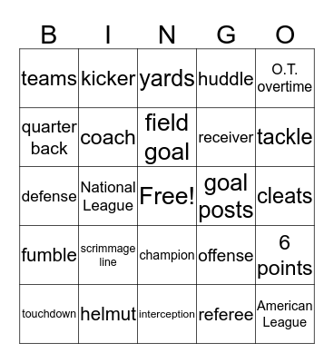 American Football Bingo Card