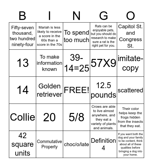 Fourth Grade Common Assessment Practice Bingo Card