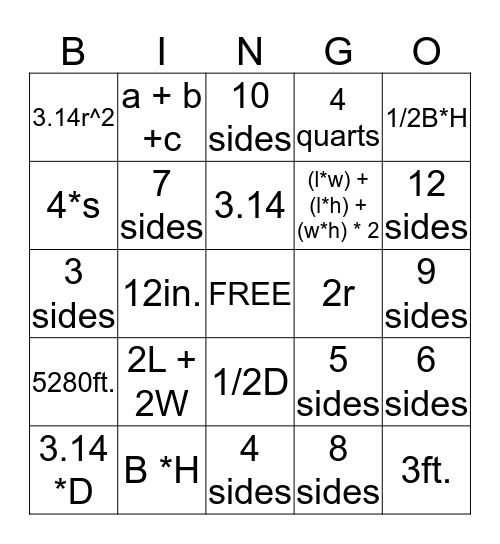 MATH REVIEW Bingo Card