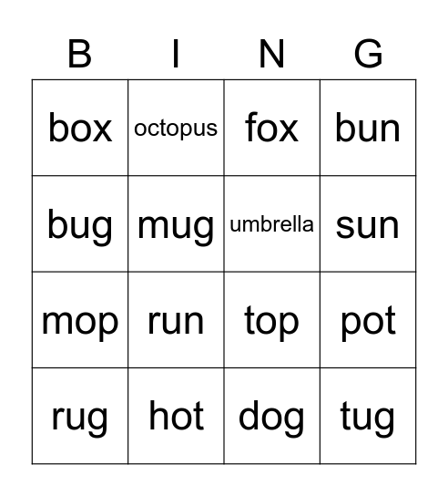 U and O Bingo Card