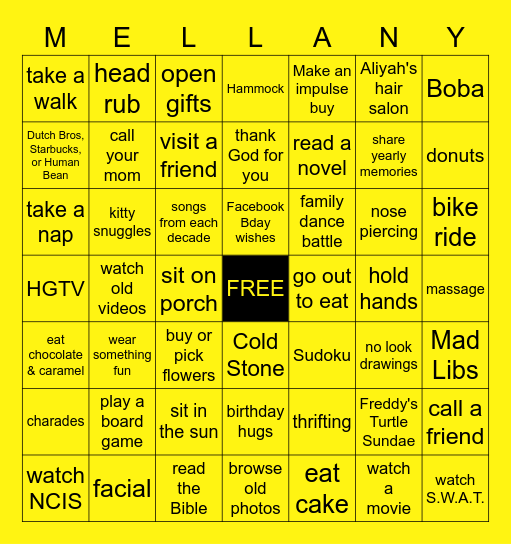 Mell's 50th - BIRTHDAY BINGO Card