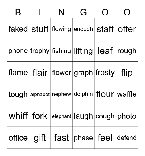 ph sounds Bingo Card