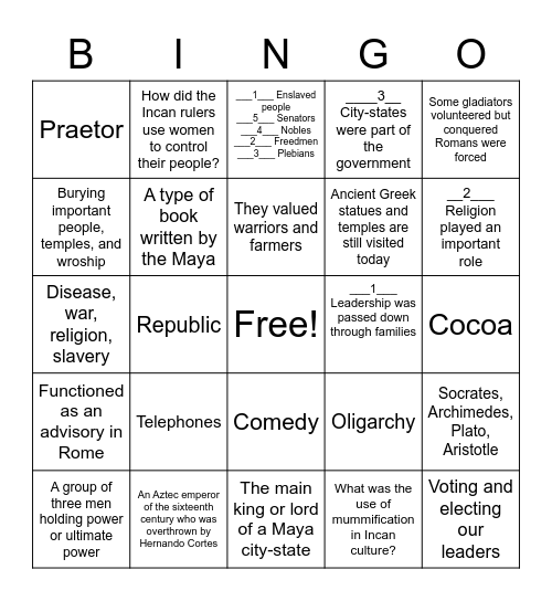 Greece, Rome, Maya, Aztec, and Inca Bingo Card