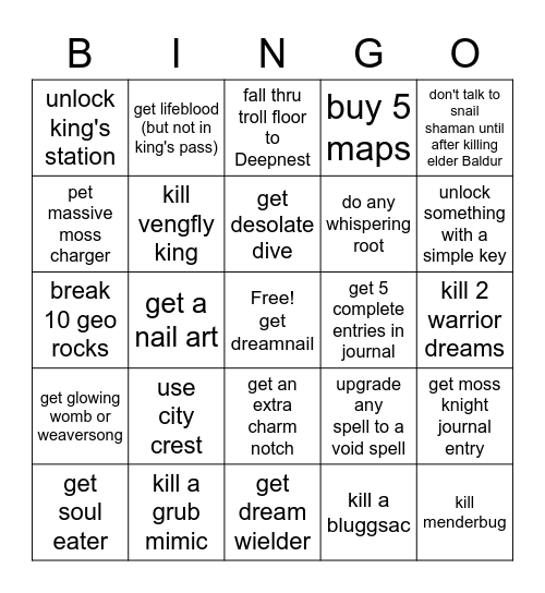 Hollow Knight Bingo Card