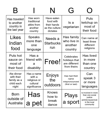 Cultural Diversity Bingo Card