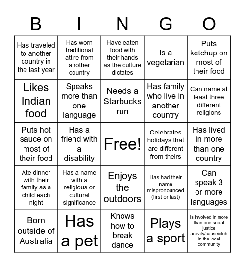 Cultural Diversity Bingo Card