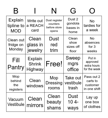 TJMaxx Bingo Cleaning Bingo Card