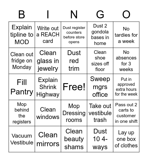 TJMaxx Bingo Cleaning Bingo Card