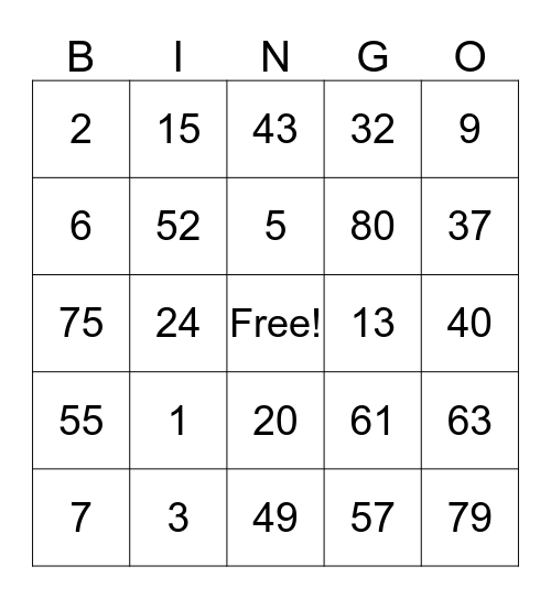 3A UP TO 80 Bingo Card