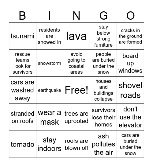 Natural Disasters Bingo Card