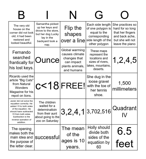Fifth Grade Common Assessment Practice Bingo Card