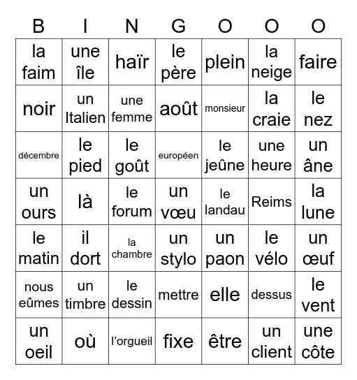 bingo de la prononciation Bingo Card