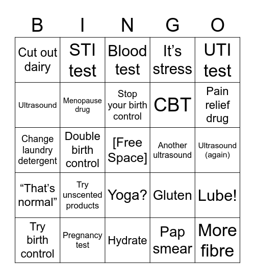 Pelvic Pain Bingo Card