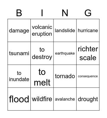 Natural disasters bingo Card