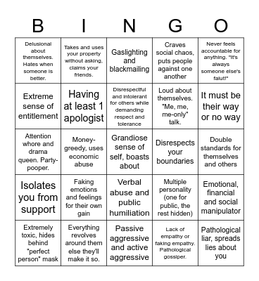 Narcissistic personality disorder Bingo Card