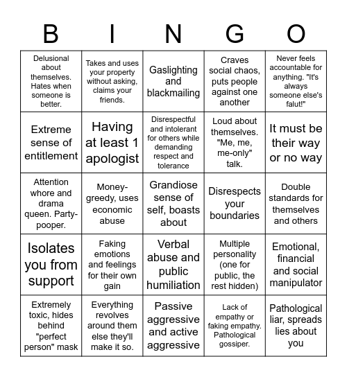 Narcissistic personality disorder Bingo Card