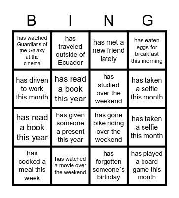 PRESENT PERFECT- Get to know your classmates Bingo Card