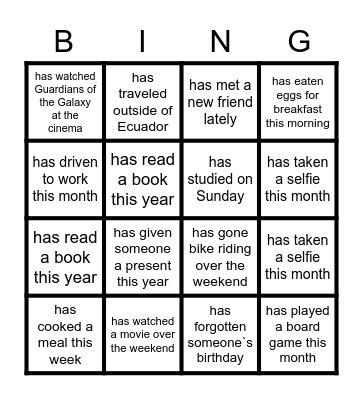 PRESENT PERFECT- Get to know your classmates Bingo Card
