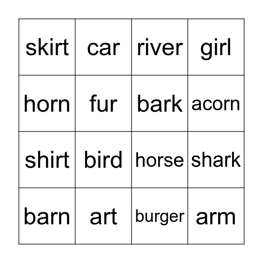 R-Controlled Vowel Bingo Card