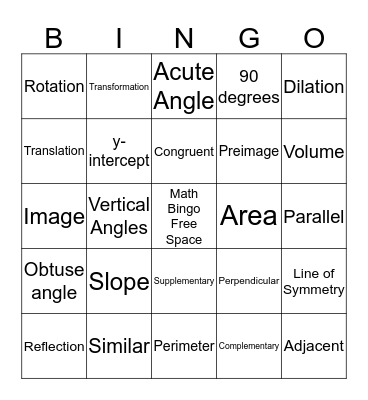 Math Vocabulary Bingo Card