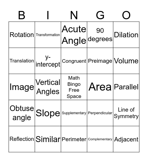 Math Vocabulary Bingo Card