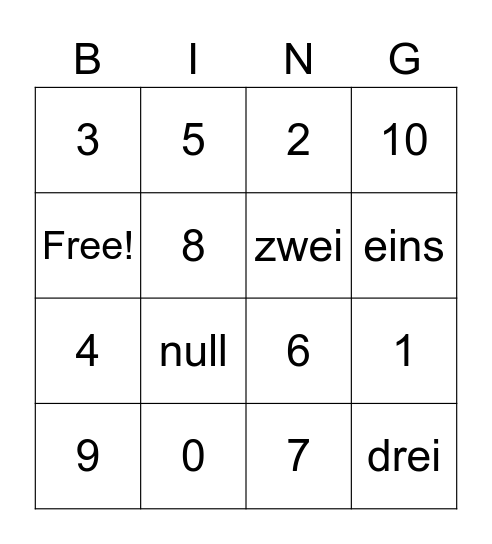 Zahlen Bingo Card