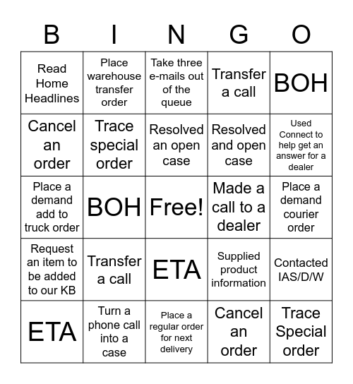 Dealer Service BINGO Card