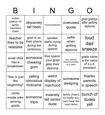 Graduation Bingo Card