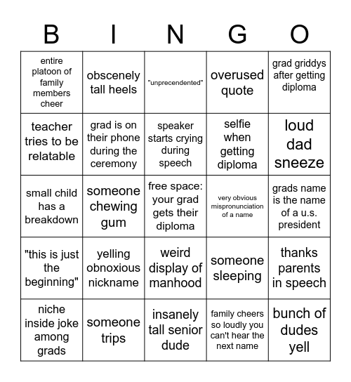 Graduation Bingo Card