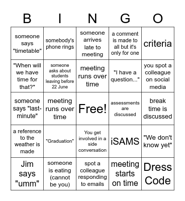 Tuesday BINGO Card