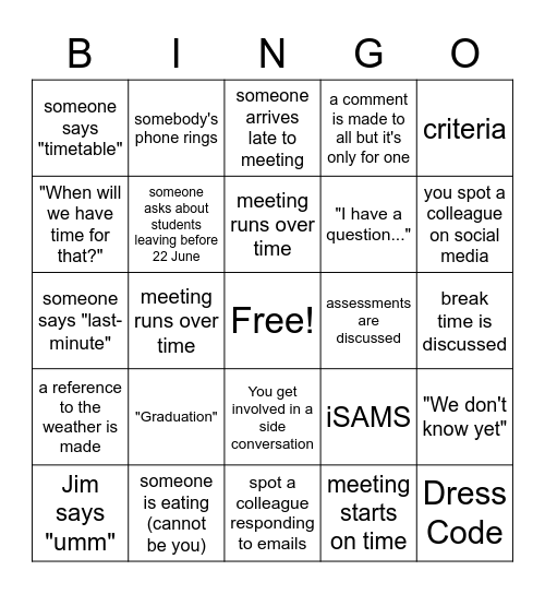 Tuesday BINGO Card